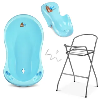 Baby Badewanne mit Gestell 4 Set TÜV Rheinland zertifiziert! Babybadewannen + Badewannensitz +Abfluss + Gestell - Babywanne mit Ständer! Pflegeset für Neugeborene.