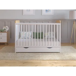 Love For Sleep Babybett Beistellbett 120x60 cm mit Schublade & Matratze - Kinderbett Baby Bett Holz Weiß-Kiefer, Babybett Komplett Set - Kinderbett Mitwachsend Gitterbett