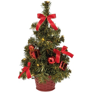 Idena 8582154 - Deko-Weihnachtsbaum mit 20 LED in Warmweiß, ca. 35 cm hoch, mit rotem Baum-Schmuck im Topf, mit 6 Stunden Timer, batteriebetrieben, Deko für Innen, als Advents- und Weihnachtsdeko