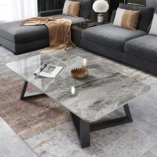 Moderner Marmor-Couchtisch für das Wohnzimmer, rechteckiger Couchtisch mit Marmorplatte, Mitteltisch mit Schieferplatte und Metallrahmen, Teetisch, Cocktailtisch für Wohnzimmer, Rezeption, Akzentmöbe