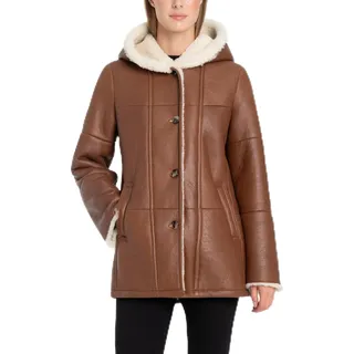 Valcuer 1887 Damen Lammfelljacke VIVI aus echtem Leder, Lammfell, Fell, warme Winterjacke mit Kapuze - bequem, warm und hochwertig in Cognac (Braun), in Gr. 44 - 44