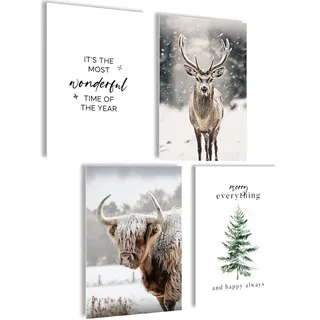 mojoliving Winter Poster Set 4er Set Wandbilder Hirsch Hochlandrind Tannenbaum Sprüche A4 Kunstdrucke Skandi Stil Weihnachten Deko Wohnzimmer Flur Café