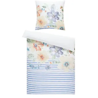 AURO Satin Bettwäsche  Floral Streifen , blau , 100% Baumwolle   , Maße (cm): B: 135