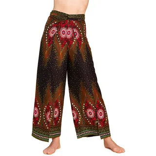 PANASIAM Wickelhose Damen - Weite Palazzohose - Boho Stil - in 3 Längen | leichte Sommerhose aus Viskose, Hosenrock gerader Schnitt, Strandhose, variabler Bund zum Binden, Peacock & Oriental Design - M