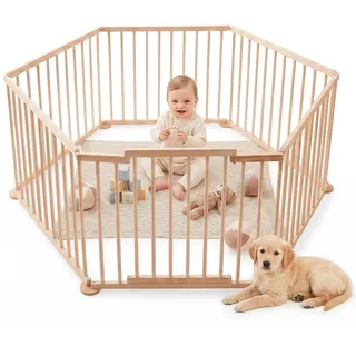 Laufstall Baby Holz XXL Klappbar mit Tür, Laufgitter Baby inkl. 6 Elementen je 100 x 72 cm, Babygitter Holz Faltbar, Kinderlaufstall & Absperrgitter Für Innen- und Außenbereich