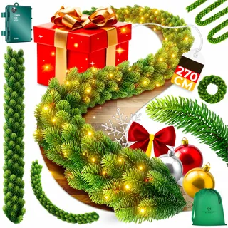 KESSER® Weihnachtsgirlande LED 2,7m lang | dicht + Timer – Naturgetreues Tannengrün - wie echt - IP 44 Outdoor & Indoor Girlande - Treppen, Tür, Balkon, Weihnachtsdeko beleuchtet + Tasche - Dunkelgrün