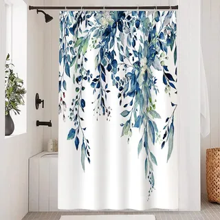 Uiiooazy Duschvorhang 120x200cm, Duschvorhang Anti Schimmel Blau Blätter Weiß Blumen Aquarell Pflanzen Duschvorhänge Stoff Waschbar Wasserdicht Polyester Bad Vorhang mit 8 Haken für Badezimmer