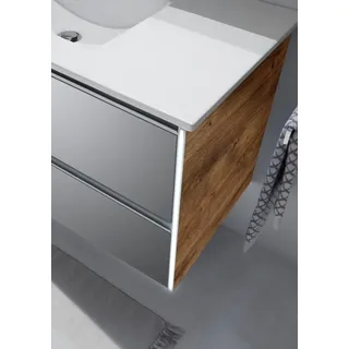 Pelipal Badmöbel-Set 6040 Oxid Hellgrau quer mit Waschplatzbeleuchtung + Midischrank 101 cm