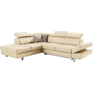 Stylife Ecksofa, Ecru, Metall, Kombination Echtleder/Lederlook, Rindleder, 4-Sitzer, Ottomane links, L-Form, 265x212 cm, Goldenes M, Lederauswahl, Stoffauswahl, seitenverkehrt erhältlich, Rücken echt, Hocker erhältlich, Wohnzimmer, Sofas & Couches, Wohnlandschaften, Ecksofas