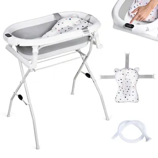moovkee Babybadewanne mit Gestell 80cm Grau Faltbar mit Thermometer, Badekissen und Abflusssystem – Babywanne für Neugeborene mit Ständer - Grau