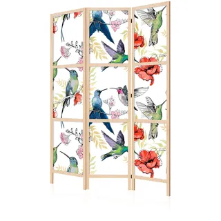 LUMASOUL Japanische Trennwand Paravent Raumteiler 135x172 cm Vogel | 3 teilig Vorderseite mit Motiv, neutrale Rückseite, faltbar, freistehend und dekorativ Kolibri