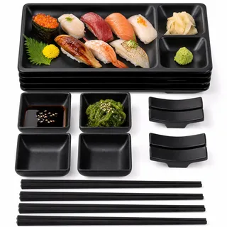 Pumtus 16-teiliges japanisches Sushi-Teller-Set, Melamin-Sushi-Servierset, Sushi-Geschirr-Set - Enthält 4 Sushi-Servierteller, 4 Saucenschalen, 4 Paar Essstäbchen, 4 Essstäbchenhalter (Schwarz)
