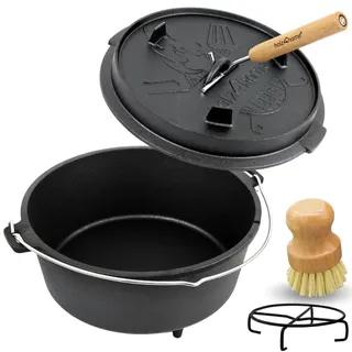 holz4home® holz4home Dutch Oven 9L Eingebrannter Feuertopf aus Gusseisen Inklusive Deckelheber Topfständer und Reinigungsbürste