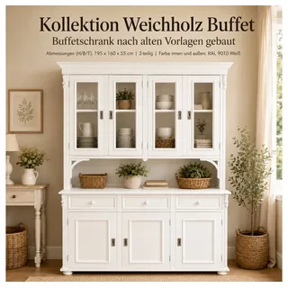 Wohnpalast Buffet Buffetschrank Landhaus weiß 160 cm aus massivem Weichholz Vitrinenschr