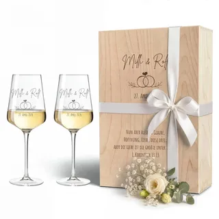 VILLA ROSA LOTTA - Weingläser mit Gravur 2er Set inkl. Holzkiste - personalisierte Geschenke Hochzeit, personalisierte Hochzeitsgeschenke mit Namen, graviertes Weinglas für Brautpaar