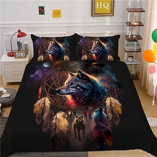 OaKita Wolf Traumfänger Bettwäsche-Set Dream Catcher Wolf Theme Muster Bettbezug,100% Mikrofaser Bettwäsche-Sets 3Teilig,mit Reißverschluss (A09,155x220cm/80x80cm)
