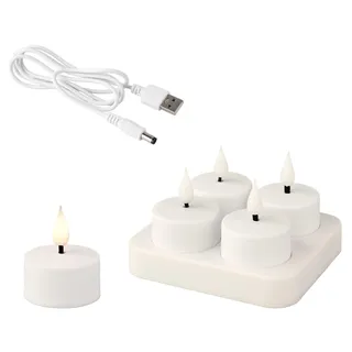 LED Teelichter 4cm Kunststoff - 4er Set Elektrische Teelicht Kerzen mit Ladestation - batteriebetrieben & über USB aufladbar - Teelichtkerzen flackernde Flamme Effekt - Dekokerzen Weiß Warmweiß