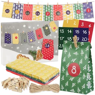 LIVAIA Adventskalender zum Befüllen 2026 - DIY Adventskalender Tüten Set mit 24 Papiertüten, Holzklammern, Zahlen Aufkleber, Jute Schnur - Weihnachts Adventskalender Basteln - Bunt 24 Motive