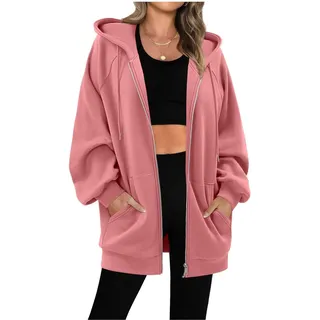 Sweatjacke Damen mit Kapuze Dünne Fleecejacke Kapuzenpullover Zipper Hoodie Lange Jacke Leicht Übergangsjacke Elegant Einfarbig Kapuzenjacke mit Taschen Strickjacke Casual Sweatshirt Locker Pullover - M