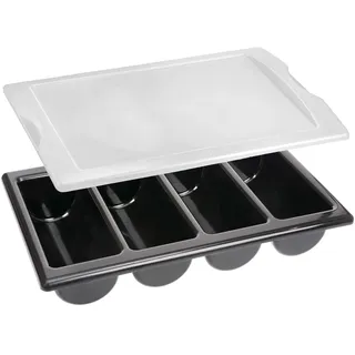 GRÄWE Besteckkasten mit 4 Fächern und Deckel, Besteckaufbewahrung, Besteckbehälter, Besteckkasten aus Kunststoff, schwarz, stapelbar, Besteckorganizer, spülmaschinengeeignet