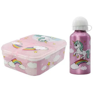 Storline Lunchbox Einhorn Unicorn 2 tlg. Kinder Lunch Set, Kunststoff, (2-tlg., Spar-Set), Brotdose mit 3 Kammern Alu-Trinkflasche 400 ml rosa