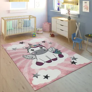Paco Home Kinderteppich Kinderzimmer Mädchen Modern Einhorn Auf Wolken In Rosa Lila 160x230 Cm