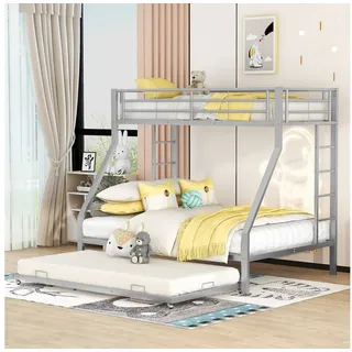 Merax Etagenbett mit Ausziehbett 90x190cm, Metallbett Stockbett, Hochbett 90x200/140x200cm mit Rausfallschutz und Leiter silberfarben