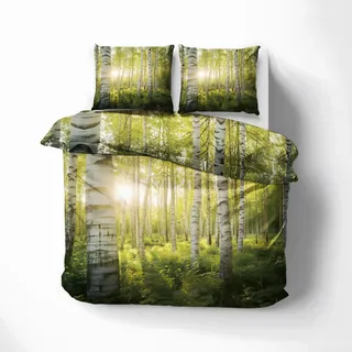 QEODAH Wald Bettwäsche 155x220 - Birke Bettbezug 155x220 3 Teilig - Wendebettwäsche & 2 Kissenbezug 80x80 cm - Weiche Mikrofaser Bettwäsche-Sets mit Reißverschluss - Schlafzimmer Bett Deko