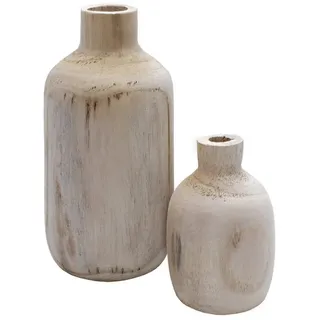 Spetebo Holz Blumenvase 2er Set mit bauchiger Form - je 1x 18 cm und 28 cm - Flasche Holzvase naturbelassen - Tischdeko Fensterdeko für Kunstpflanzen und Pampasgras