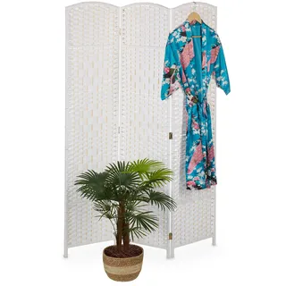 Relaxdays Paravent, HxB: 170 x 120 cm, Trennwand für innen, Holz & Papierseil, Faltbarer Raumteiler, 3-teilig, weiß