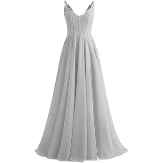 Beyonddress Damen V-Ausschnitt Abendkleider Elegant Chiffon Ballkleid Spitzen Applikationen Brautjungfernkleider Abschlussballkleid(Silber,48) - 48