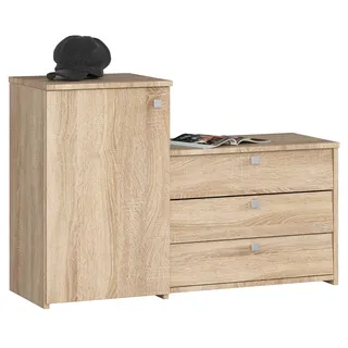 AKORD 2-in-1 Garderobenkommode + Schuhschrank mit Klapptüren | Schuhkipper | Schuhregal geschlossen | Schuhbank | Schuhaufbewahrung | B98,4 x H68/43 x T33 cm, Gewicht 29 cm | Farbe Sonoma Eiche