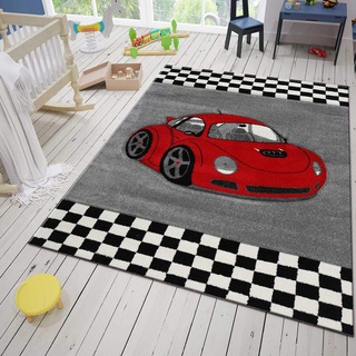 VIMODA Kinderteppich Auto Car Rennwagen Kinderzimmer Spielzimmer Grau Schwarz Rot, Maße:80 x 150 cm