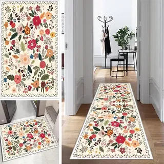 Mogetal Blumen Teppich Läufer Flur Beige- Gelb Bunt Lang Kücheläufer Schlafzimmer Modern Teppich Läufer rutschfest Waschbar 40x60cm Dauerhaft Läuferteppich Flurläufer Korridor Polyester Meterware