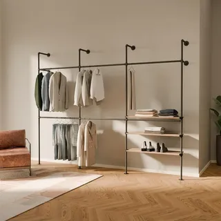 pamo Offener Kleiderschrank Wandmontage Industrial – Begehbarer Kleiderschrank System mit Eichenholz-Regal | Wandsystem aus Wasserrohren Metall schwarz | 460 kg Traglast | 296 x 222 cm