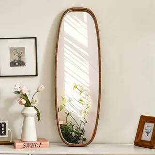 Cagnolier Oval Wandspiegel Holz, 105x35cm Spiegel Groß mit Holzrahmen | Boho Wandspiegel, Rahmen aus Massivholz, Ganzkörperspiegel Asymmetrisch Holzrahmen für Wohnräume, Zimmer, Badezimmer