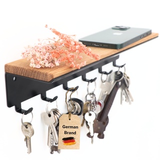 Astrein® | Schlüsselbrett mit 6 Haken | Schlüsselboard aus Holz | Eiche | Wandorganizer | Schlüsselkasten | Schlüsselhalter mit Ablage | Schlüsselaufbewahrung Metall schwarz | 30x8x8cm