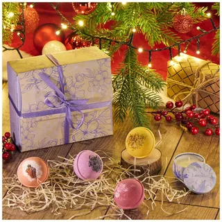 Robin Goods® 5-teiliges Badekugeln-Set - Sojawachskerze - Badebomben zum Entspannen - Geschenkset für Muttertag, Valentinstag und Geburtstag (4 Stück - mit Duftkerze)