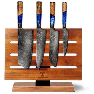 Küchenkompane Messer-Set Damast Messer Kombipaket mit magnetischem Messerblock - 5-teilig (2-tlg) blau|braun|silberfarben