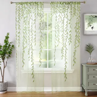 Tüllvorhang 100x200 Cm – Transparenter Türvorhang Mit Blattmuster – 2 Schals – Fensterdekoration Für Wohnzimmer & Balkon – Eleganter, Transparenter Tüll
