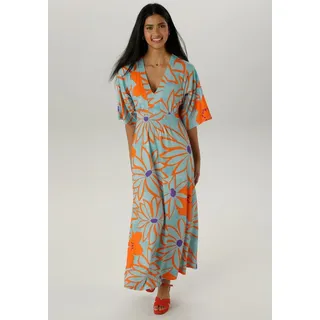 Aniston SELECTED Maxikleid, mit weiten, 3/4-langen Ärmeln, Gr. 48 - N-Gr, hellbau-orange-lila, , 69759006-48 N-Gr