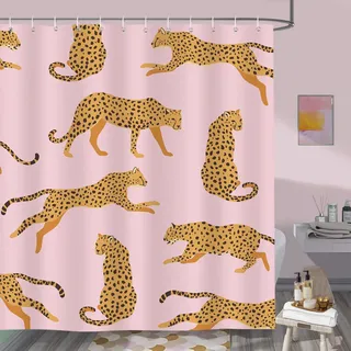 Bonhause Duschvorhang Rosa Leopard Tropische Tier Gepard Duschvorhänge 180 x 180 cm Anti-Schimmel Wasserdicht Polyester Stoff Waschbar Bad Vorhäng für Badzimmer mit 12 Haken