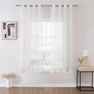 Joydeco Gardinen Kurz mit Ösen Transparente 2er Set, Optik Gardine Voile Ösenvorhang Ösenschal Durchsichtig Vorhang Kurz für Schlafzimmer Wohnzimmer Schlaufenschal (Weiß, 2xH137xB140)