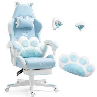 Vigosit Cute Gaming Stuhl mit Katzenpfoten-Lendenkissen und Katzenohren, ergonomischer Gamer Stuhl mit Fußstütze, Verstellbarer PC-Spielesessel für Mädchen, Teenager, Kinder, Blau