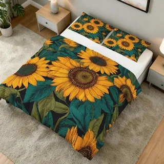 Generisch Bettdecke 155x220 Sonnenblumen - 4 Jahreszeiten, Blumen Botanical Steppdecke & 1 Kissenbezug 80x80 - Schlafzimmer Deko, Weiche Mikrofaser Ganzjahresdecke Ohne Bezug #u374