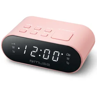 MUSE Dual-Wecker Radio Rosa mit UKW-PLL, Dual-Alarm & LED-Anzeige | 24-Stunden-Dimmer, Batterie-Backup & handliches Design – kompakter Radiowecker in Rosa für Schlafzimmer und Nachttisch