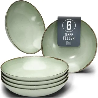Steingut Suppenteller 6 Personen Rustic TESTSIEGER, Hochwertiges Landhaussttil Steingut Tiefe Teller Set, Pasta Teller Tief Groß - Pure Living in Mintgrün