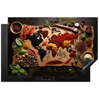 MuchoWow Herd-Abdeckplatte Kräuter - Gewürze - Weltkarte - Braun - Löffel - Farbenfroh, Vinyl, (1 tlg), Küche Herdabdeckplatte Ceranfeld Vinyl Einteilig, 80x52 cm 80 cm x 52 cm x 0.2 cm