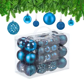 Relaxdays Weihnachtskugeln 50er Set, glitzernde, Matte & glänzende Christbaumkugeln, Kunststoff, ∅ 3, 4 & 6 cm, Petrol