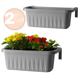 GarPet 2x Blumenkasten Balkongeländer Balkon Blumenkasten Balkonkasten mit Halterung Balkonkasten Geländerkasten Balkonkasten mit Wasserspeicher 50 cm Grau